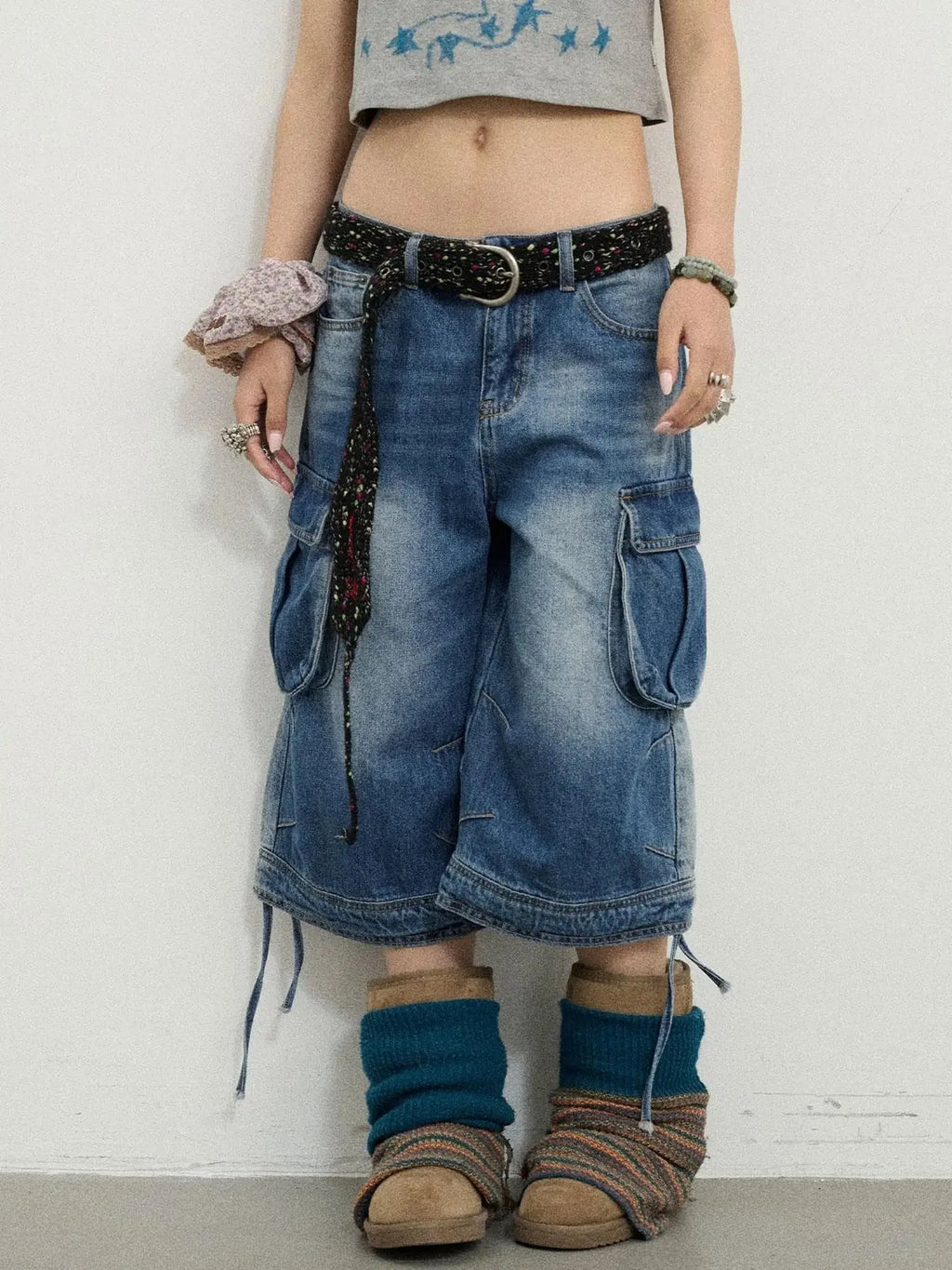 Beach Washed Relaxed Cargo Denim Shorts