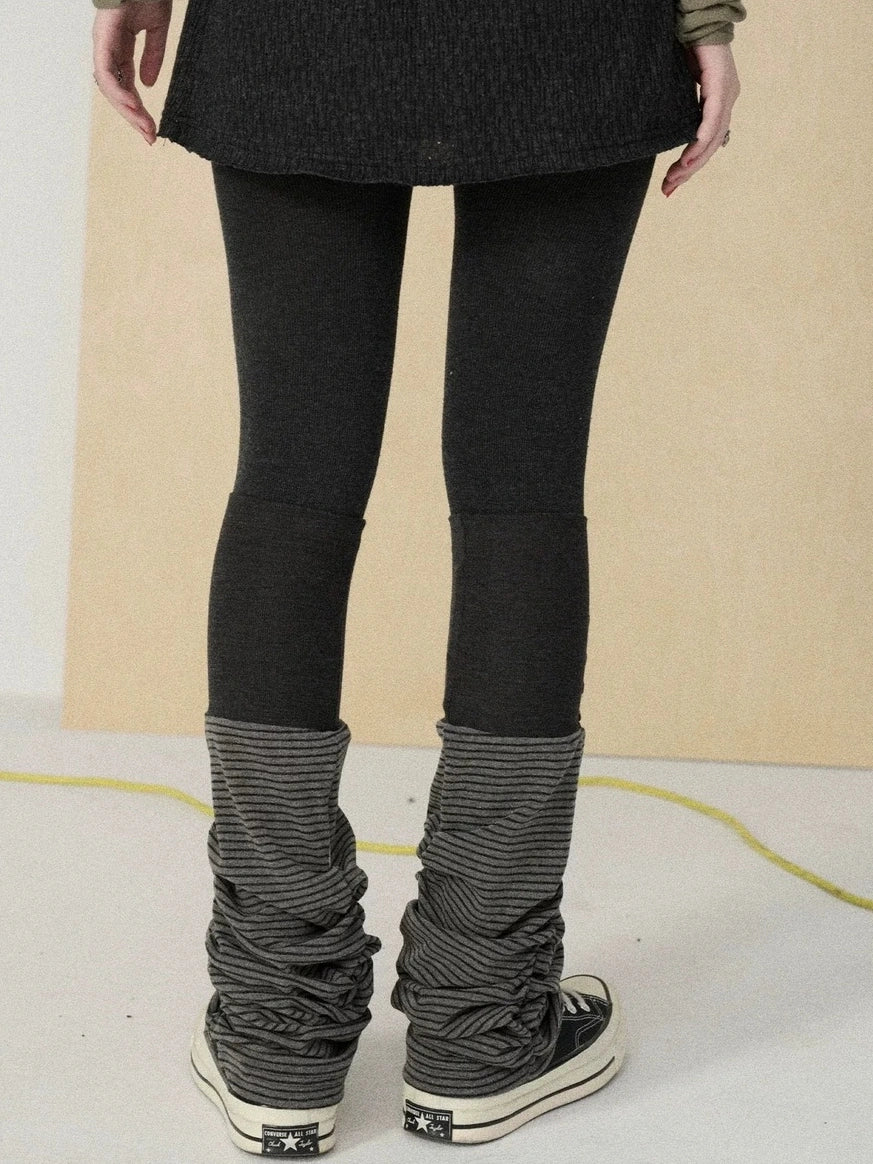 Butt Lifting Minimalist Striped Black Gray Knit One Size Leg Warmers