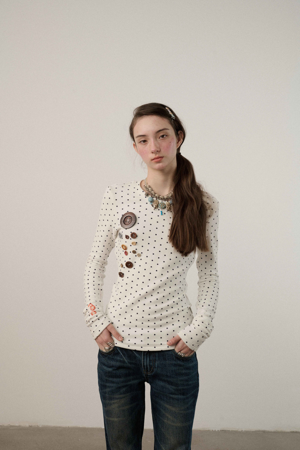 Derong Viscose Spandex Polka Dot Long Sleeve Straight Fit T-Shirt