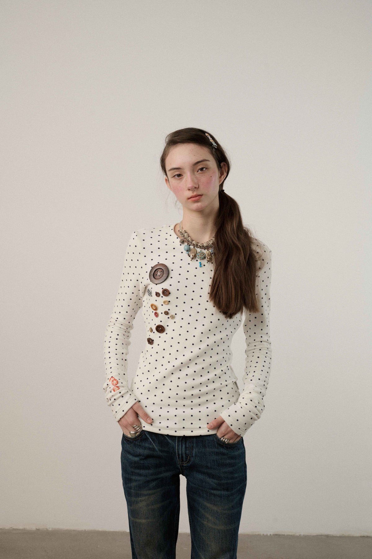 Derong Viscose Spandex Polka Dot Long Sleeve Straight Fit T-Shirt