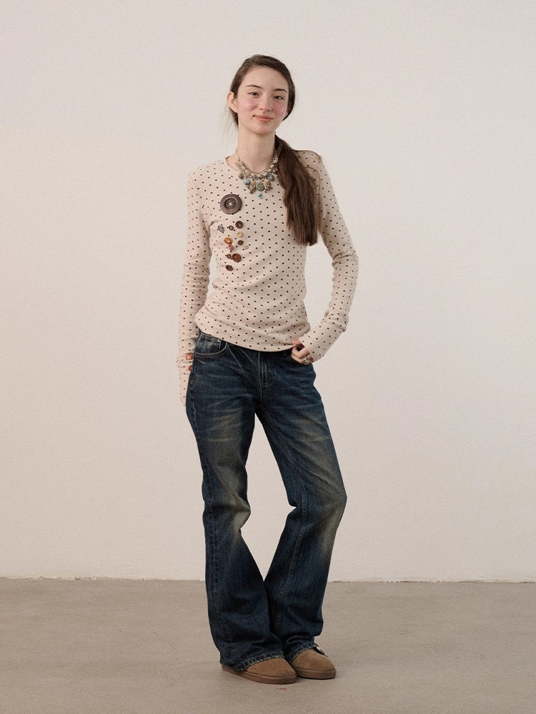 Derong Viscose Spandex Polka Dot Long Sleeve Straight Fit T-Shirt