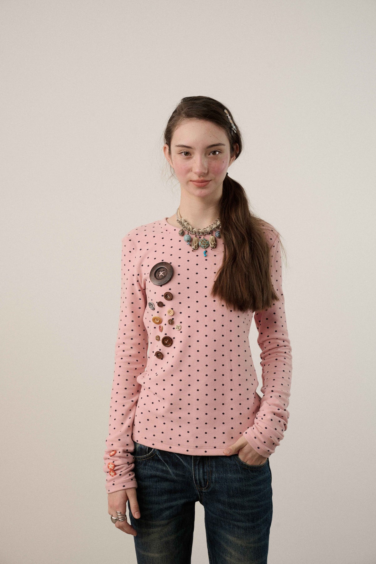 Derong Viscose Spandex Polka Dot Long Sleeve Straight Fit T-Shirt
