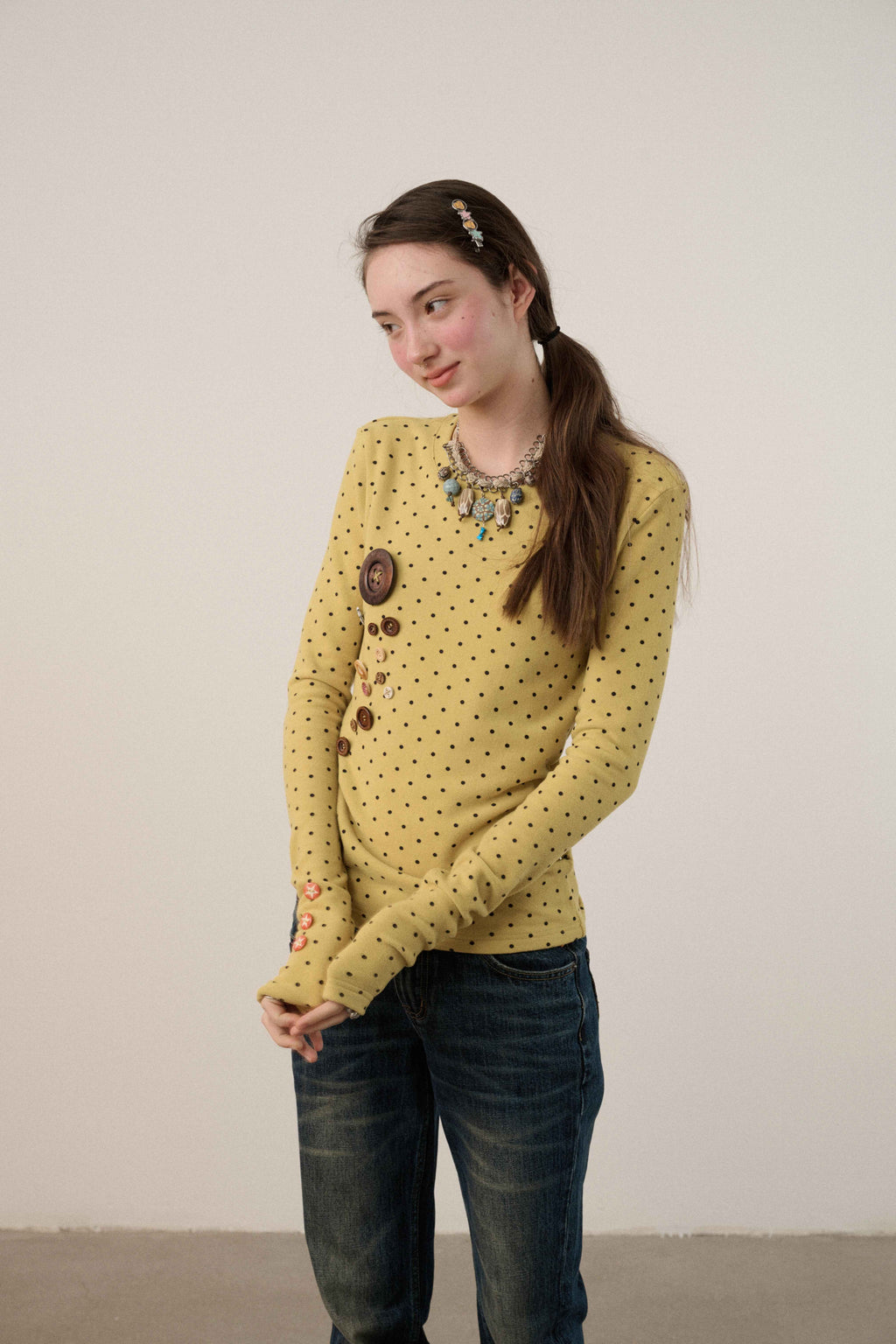 Derong Viscose Spandex Polka Dot Long Sleeve Straight Fit T-Shirt