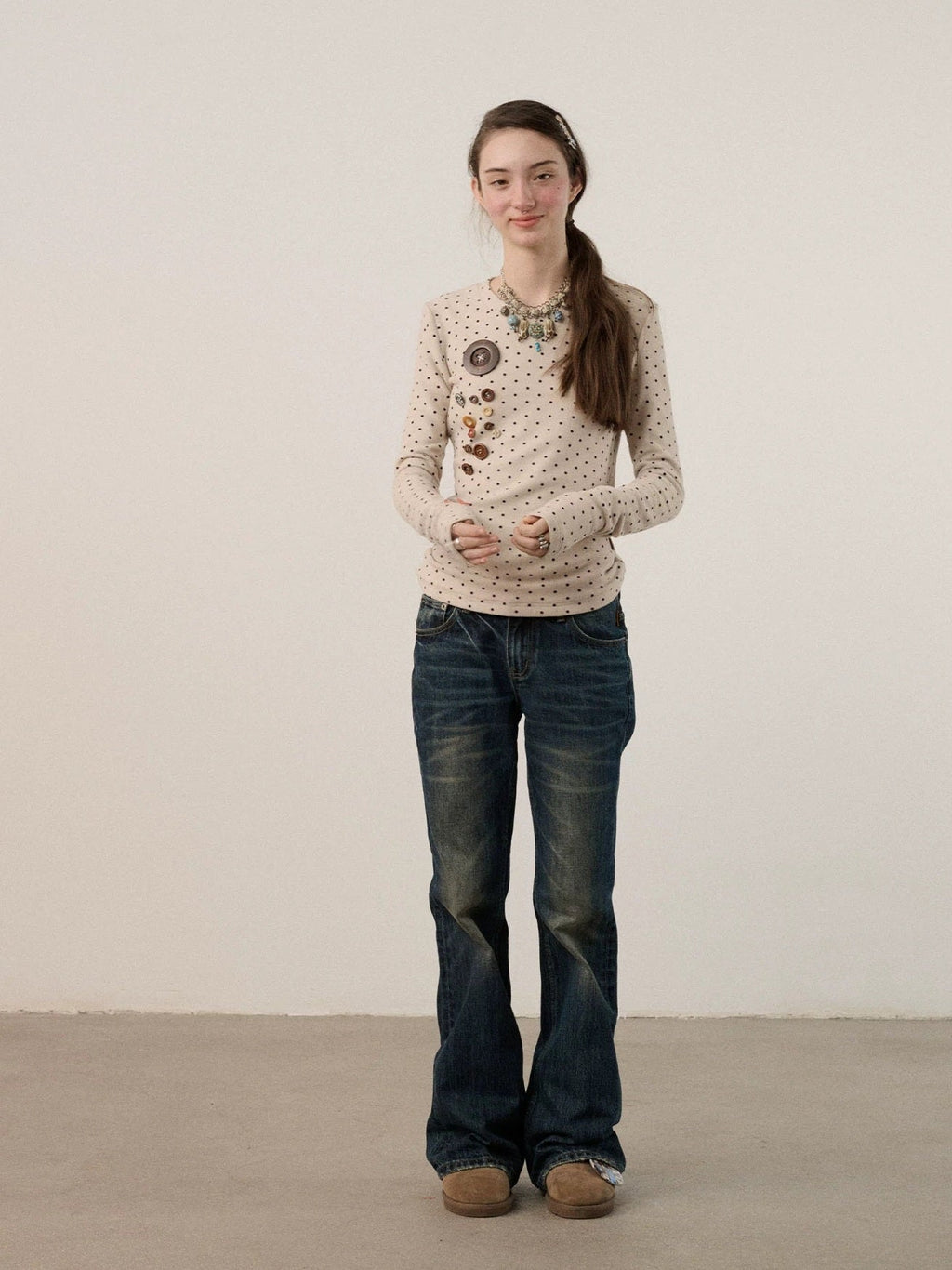 Derong Viscose Spandex Polka Dot Long Sleeve Straight Fit T-Shirt