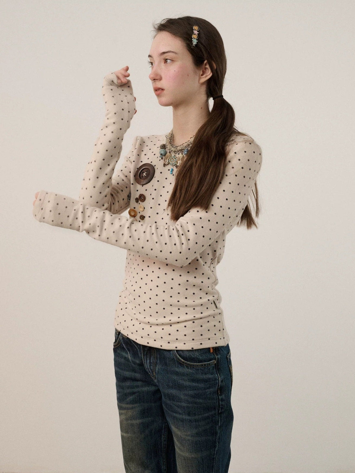 Derong Viscose Spandex Polka Dot Long Sleeve Straight Fit T-Shirt