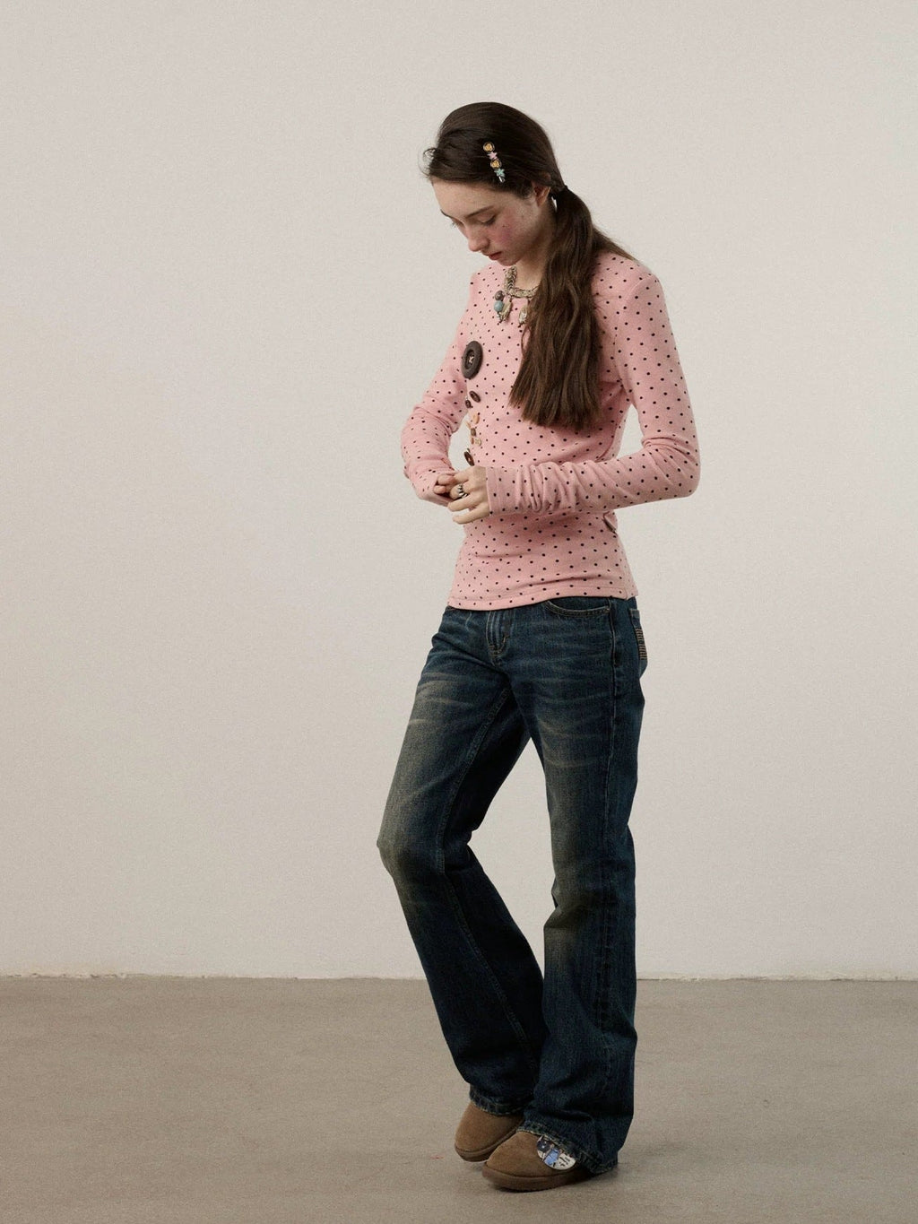 Derong Viscose Spandex Polka Dot Long Sleeve Straight Fit T-Shirt