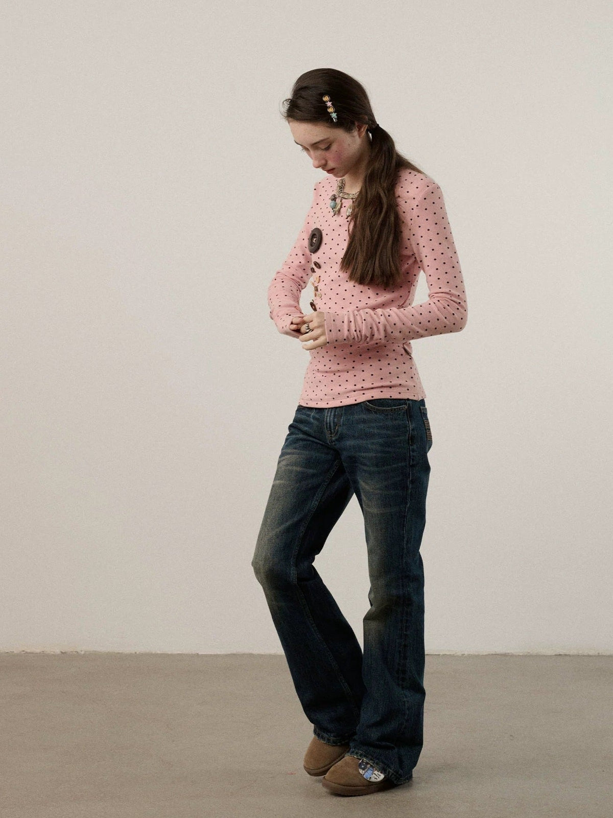 Derong Viscose Spandex Polka Dot Long Sleeve Straight Fit T-Shirt