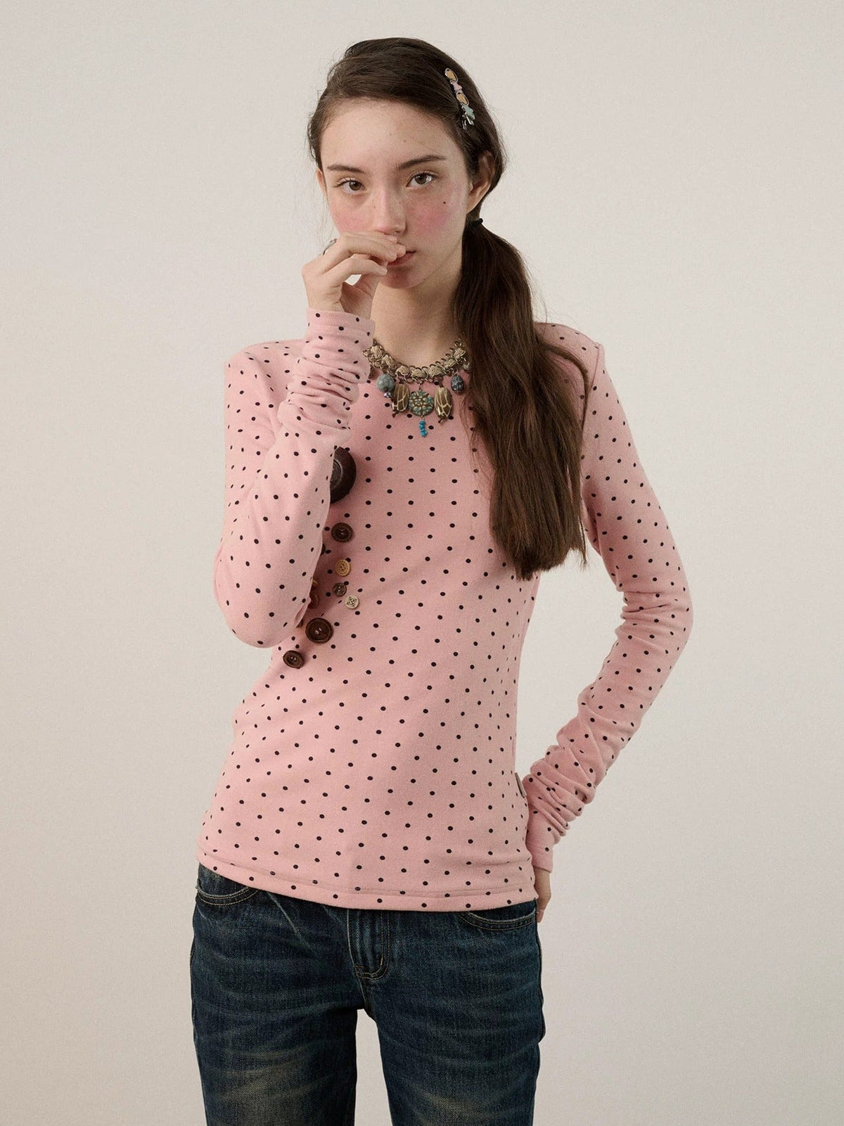Derong Viscose Spandex Polka Dot Long Sleeve Straight Fit T-Shirt