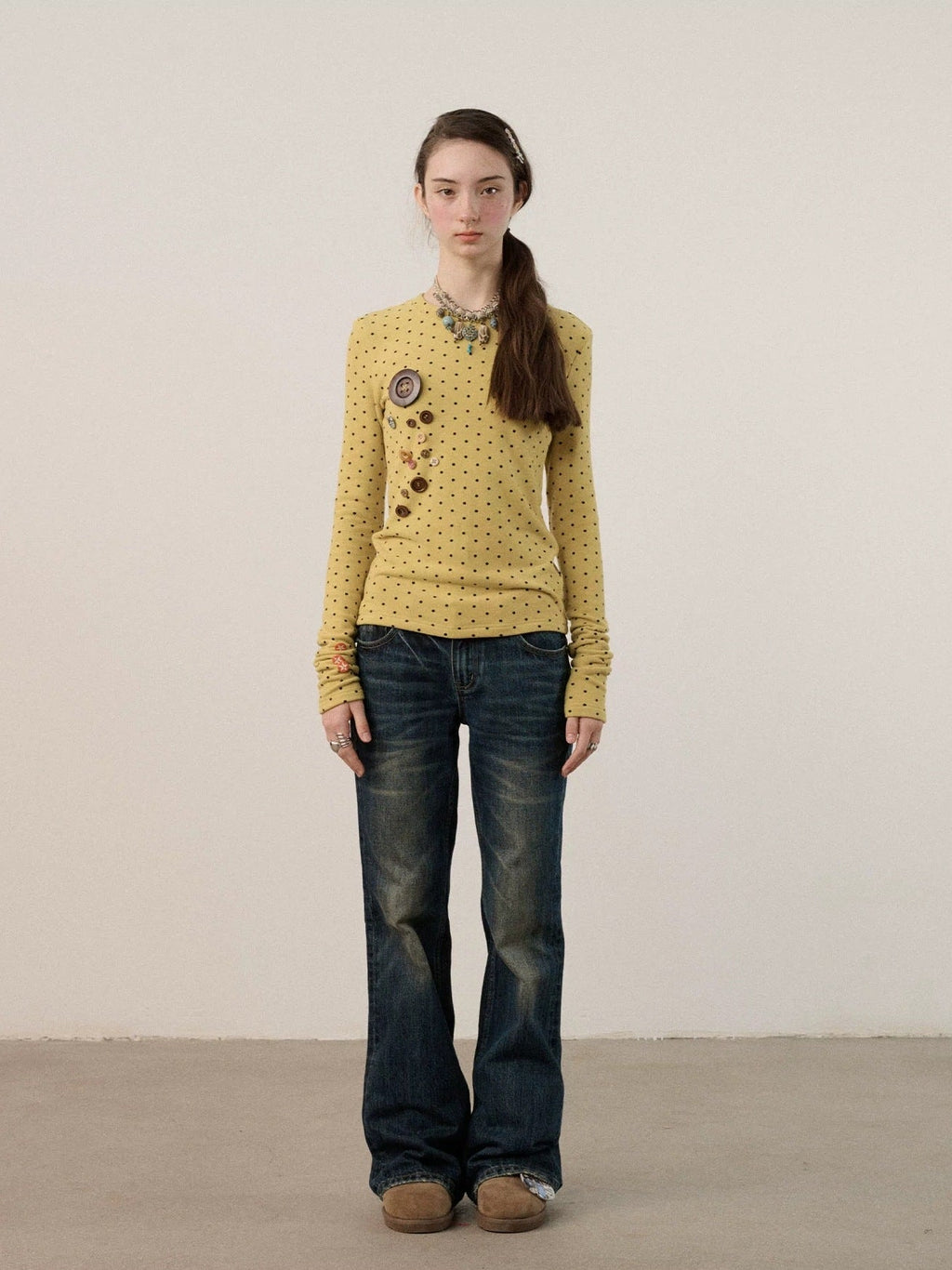 Derong Viscose Spandex Polka Dot Long Sleeve Straight Fit T-Shirt