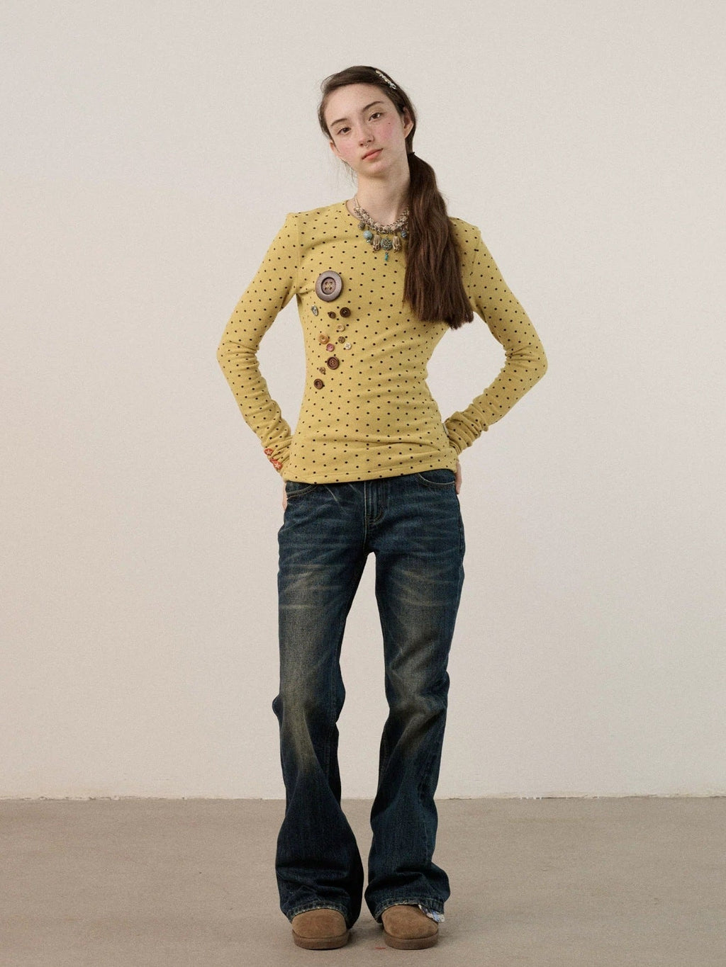Derong Viscose Spandex Polka Dot Long Sleeve Straight Fit T-Shirt