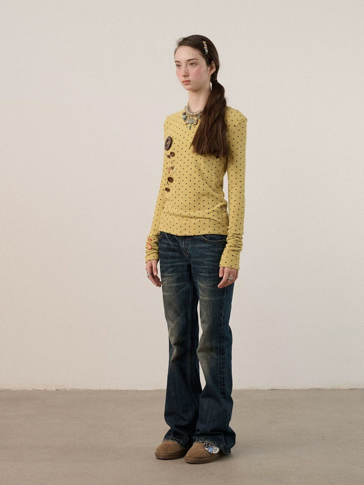 Derong Viscose Spandex Polka Dot Long Sleeve Straight Fit T-Shirt