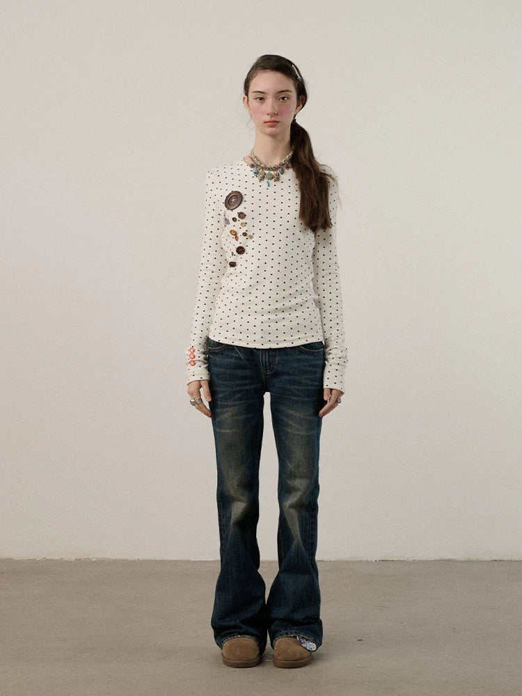 Derong Viscose Spandex Polka Dot Long Sleeve Straight Fit T-Shirt