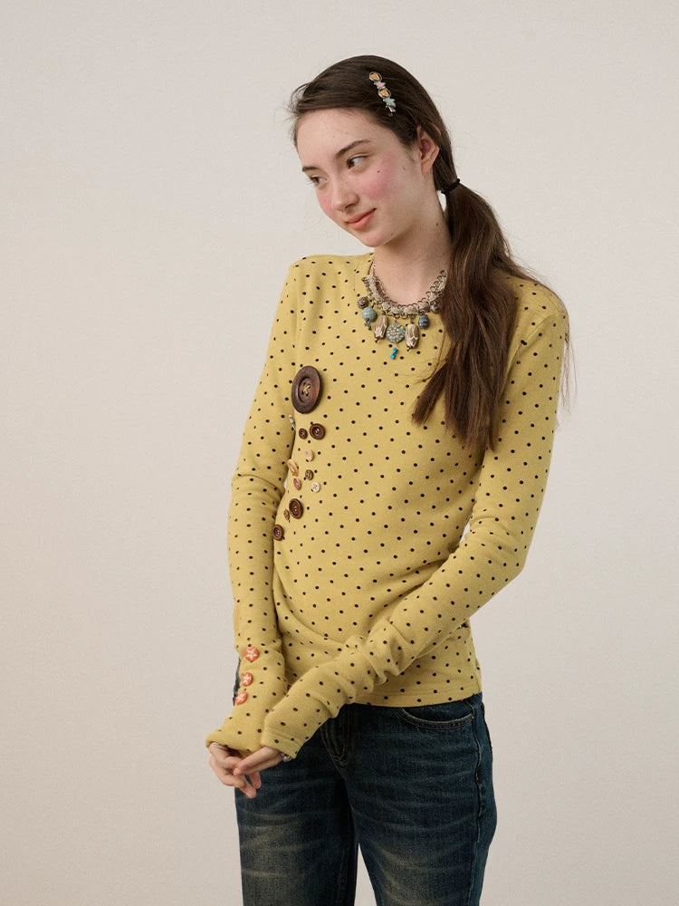 Derong Viscose Spandex Polka Dot Long Sleeve Straight Fit T-Shirt