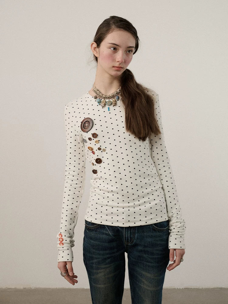 Derong Viscose Spandex Polka Dot Long Sleeve Straight Fit T-Shirt