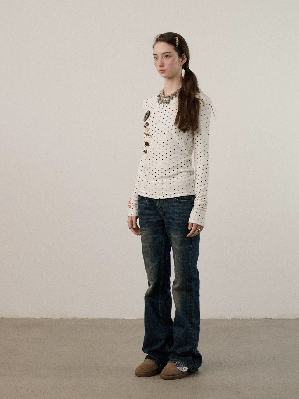Derong Viscose Spandex Polka Dot Long Sleeve Straight Fit T-Shirt