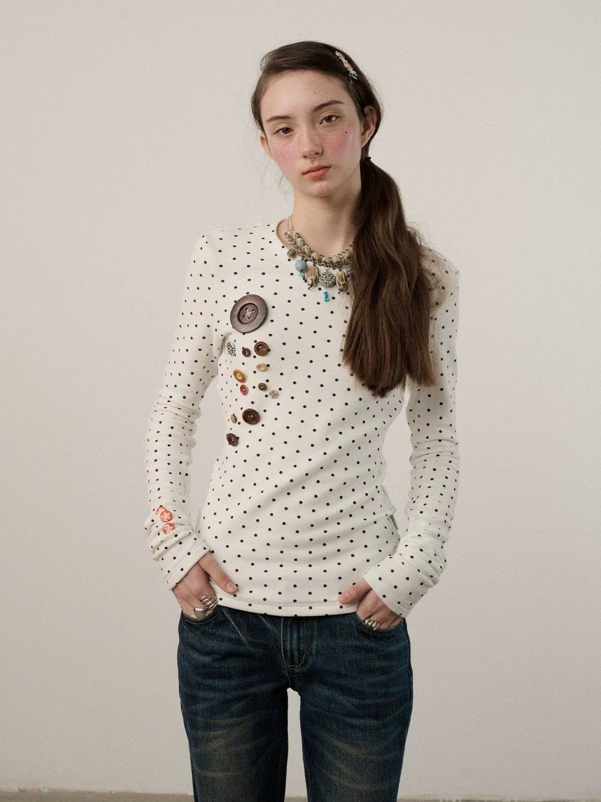 Derong Viscose Spandex Polka Dot Long Sleeve Straight Fit T-Shirt