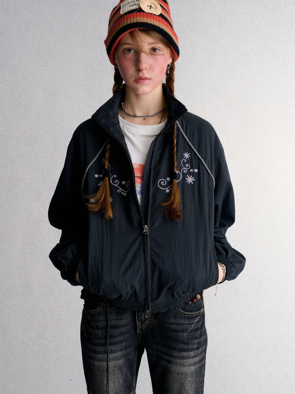 Embroidered Cropped Stand Collar Zip Up Women's Polyester Windbreakers