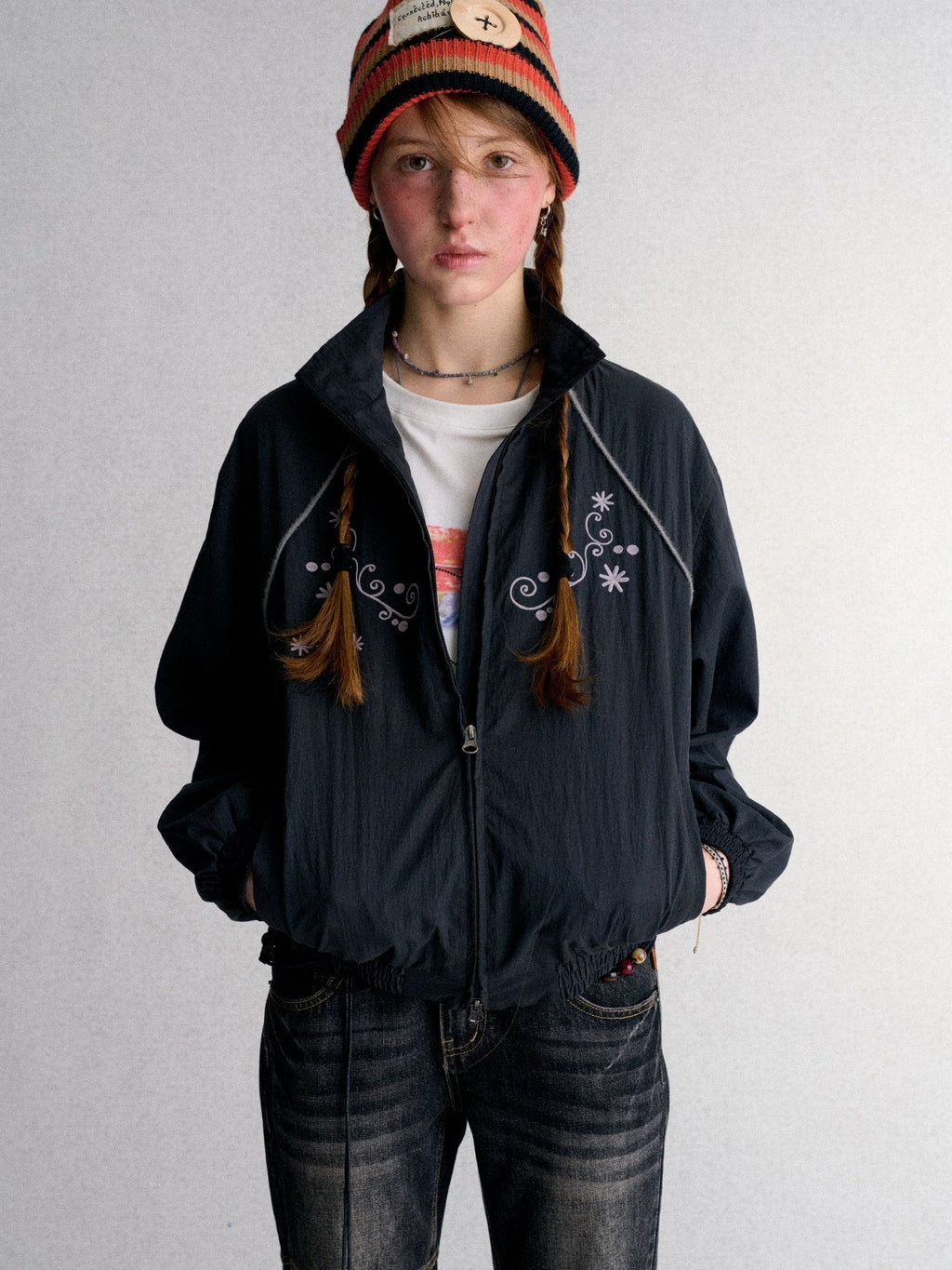 Embroidered Cropped Stand Collar Zip Up Women's Polyester Windbreakers