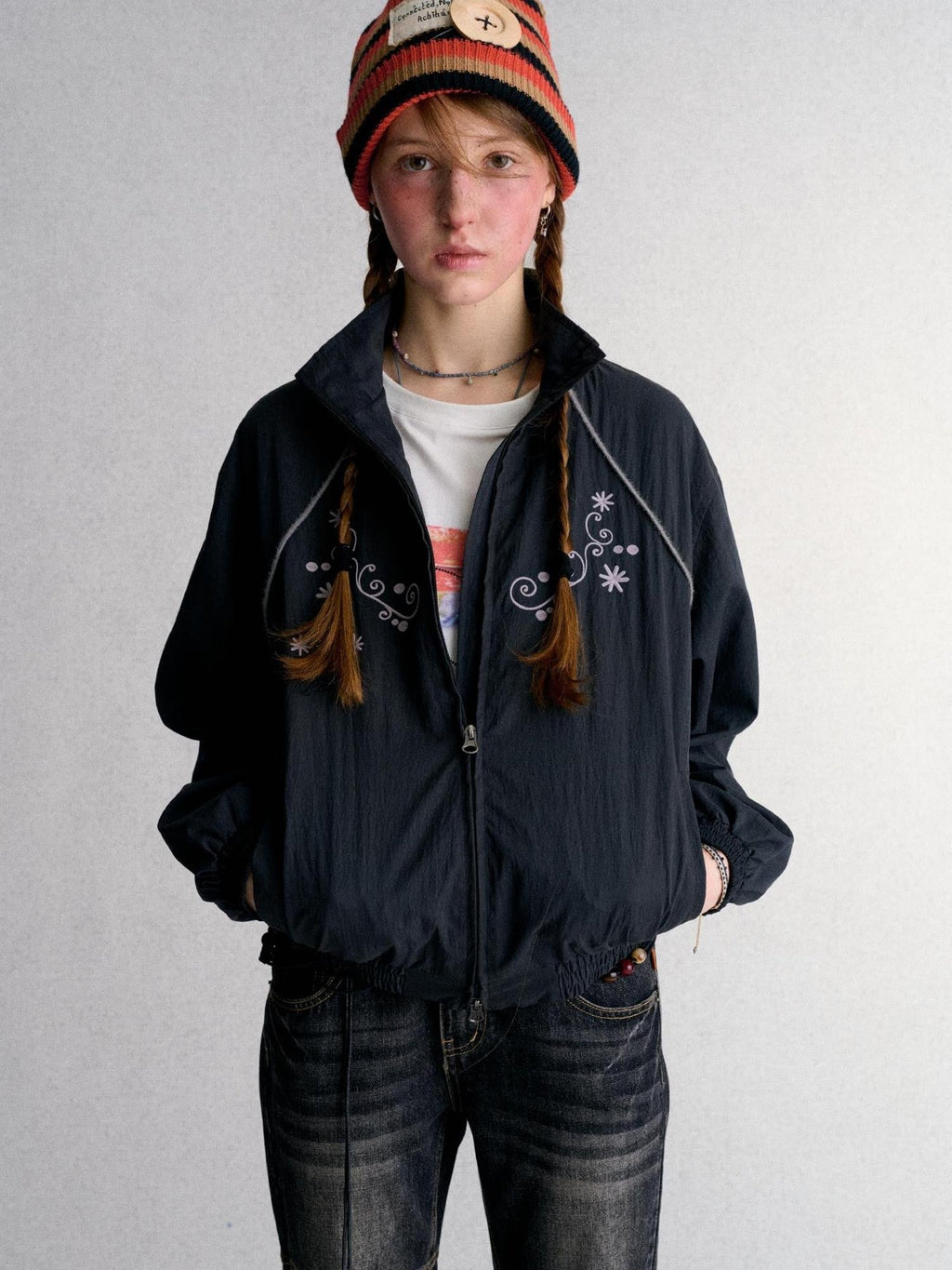 Embroidered Cropped Stand Collar Zip Up Women's Polyester Windbreakers