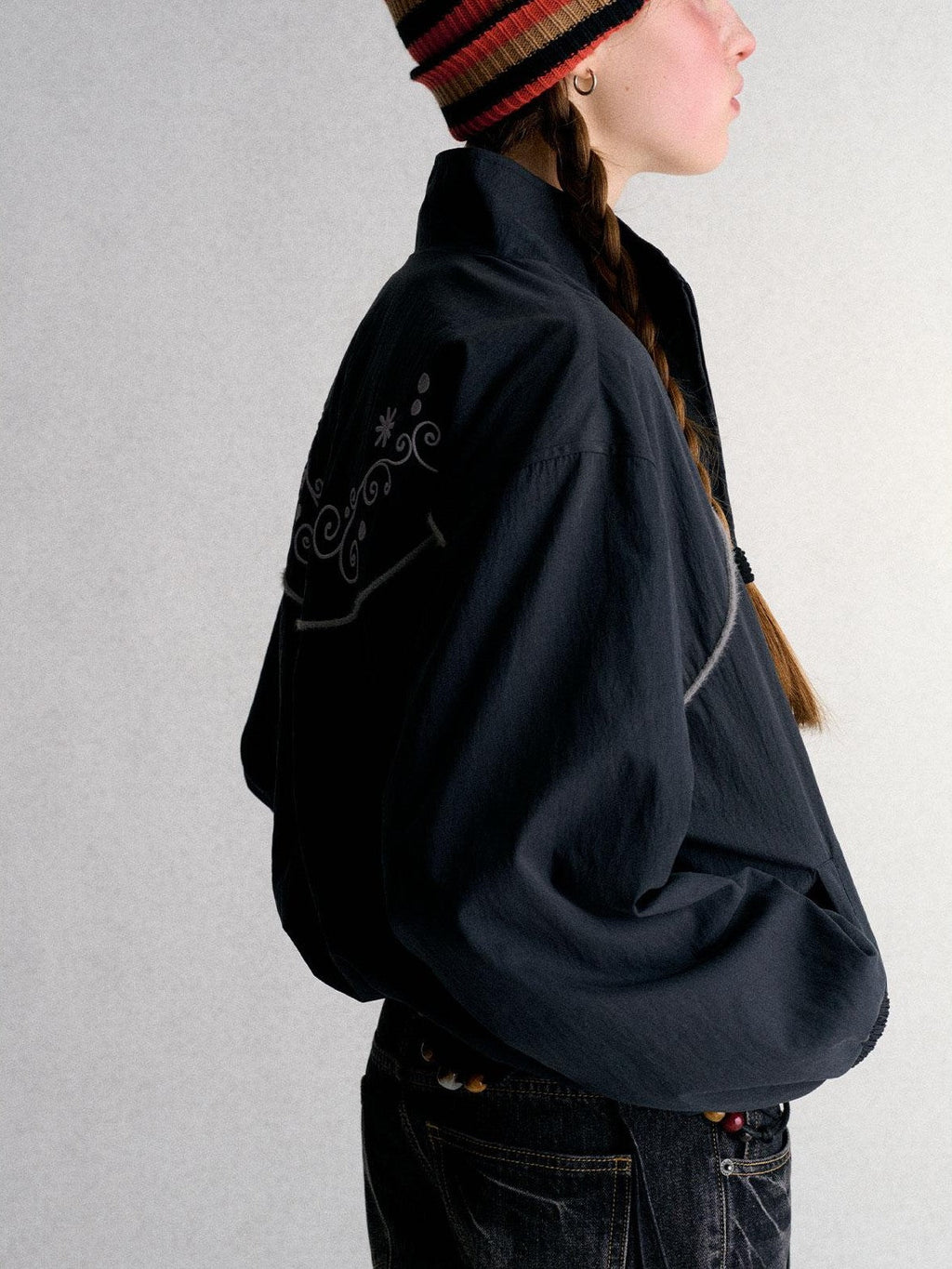 Embroidered Cropped Stand Collar Zip Up Women's Polyester Windbreakers