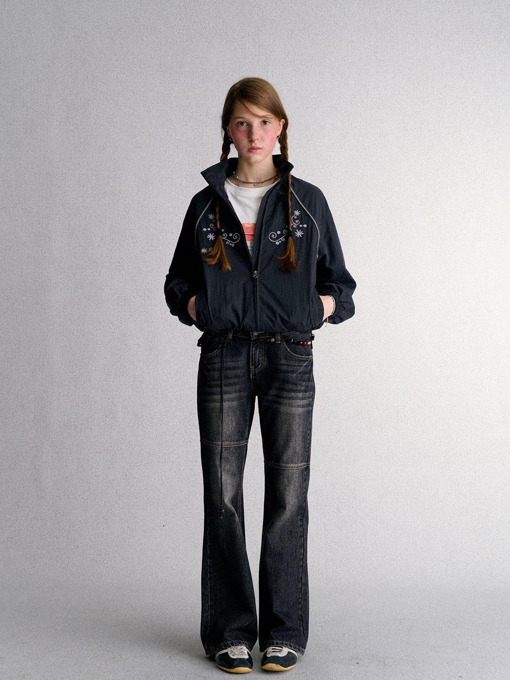 Embroidered Cropped Stand Collar Zip Up Women's Polyester Windbreakers