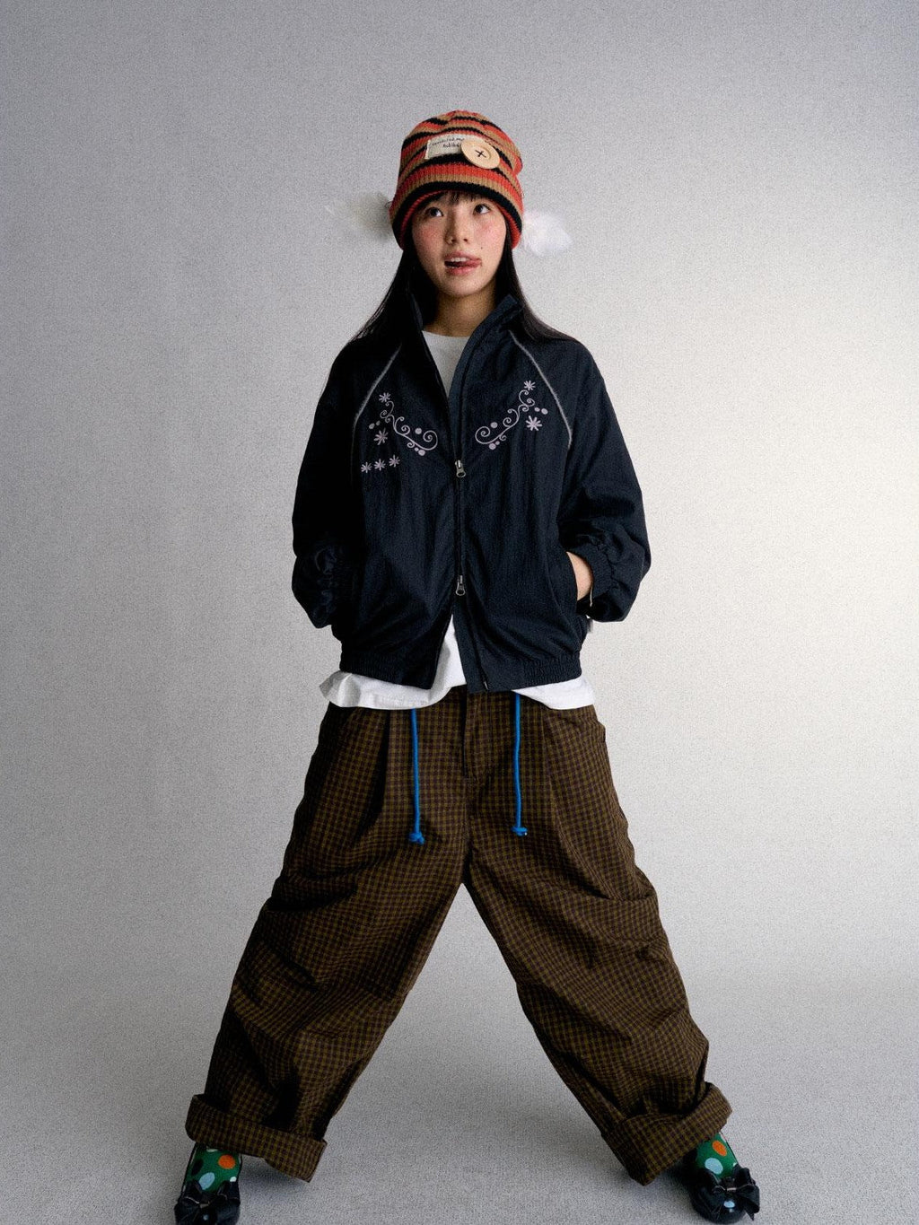 Embroidered Cropped Stand Collar Zip Up Women's Polyester Windbreakers