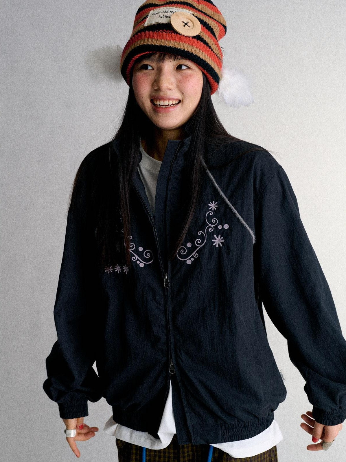 Embroidered Cropped Stand Collar Zip Up Women's Polyester Windbreakers