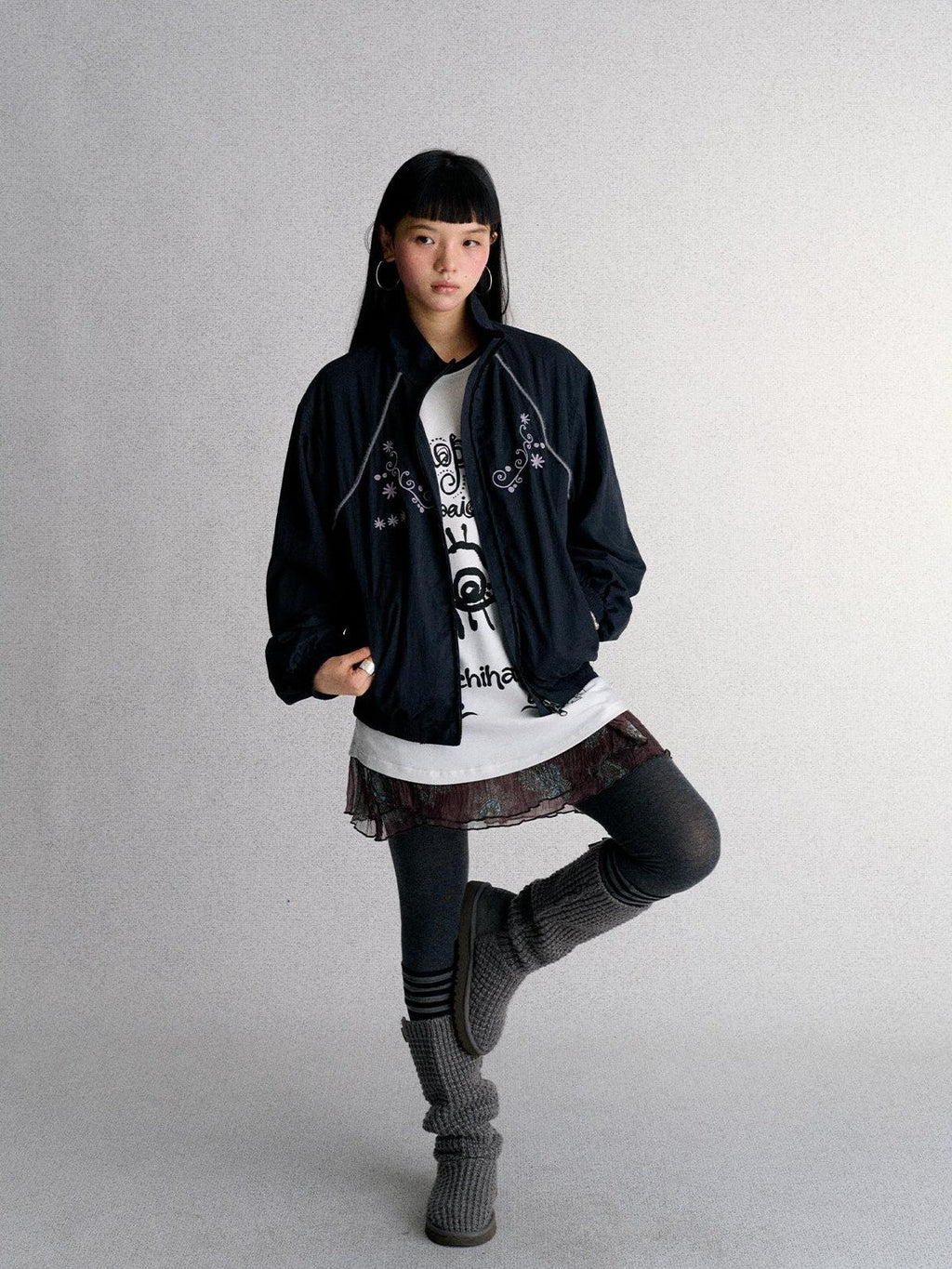 Embroidered Cropped Stand Collar Zip Up Women's Polyester Windbreakers