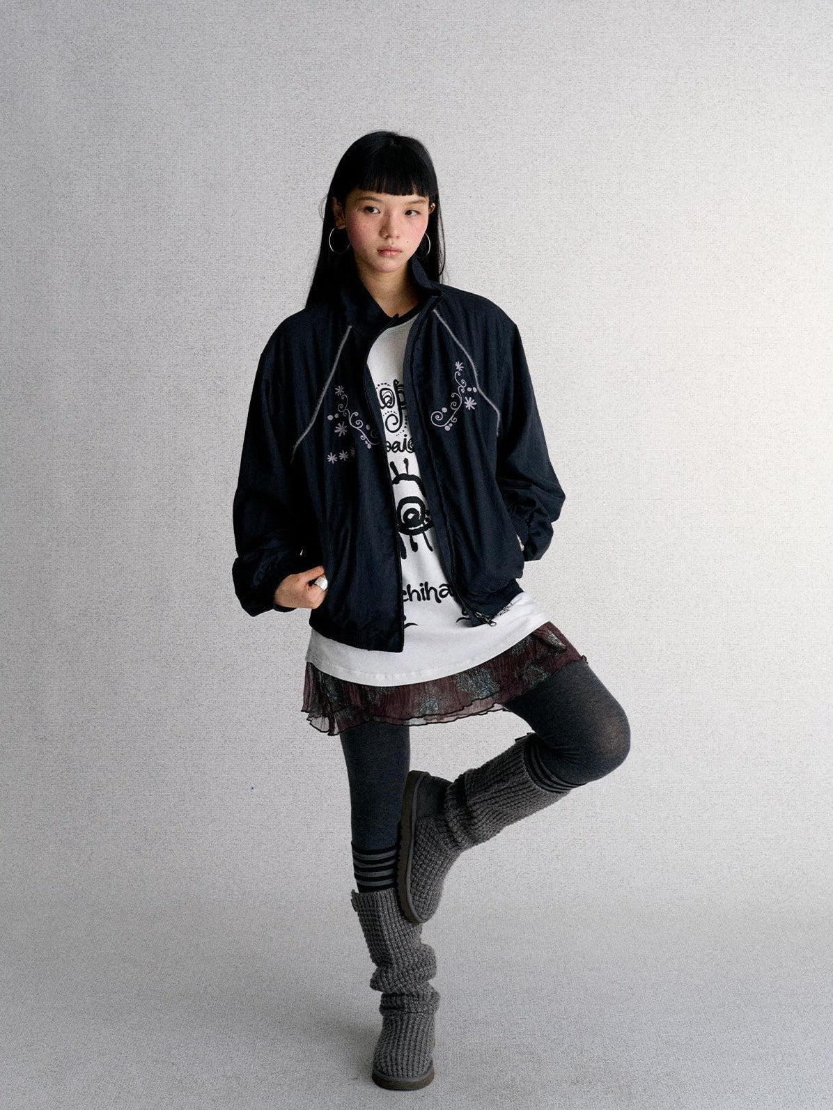 Embroidered Cropped Stand Collar Zip Up Women's Polyester Windbreakers