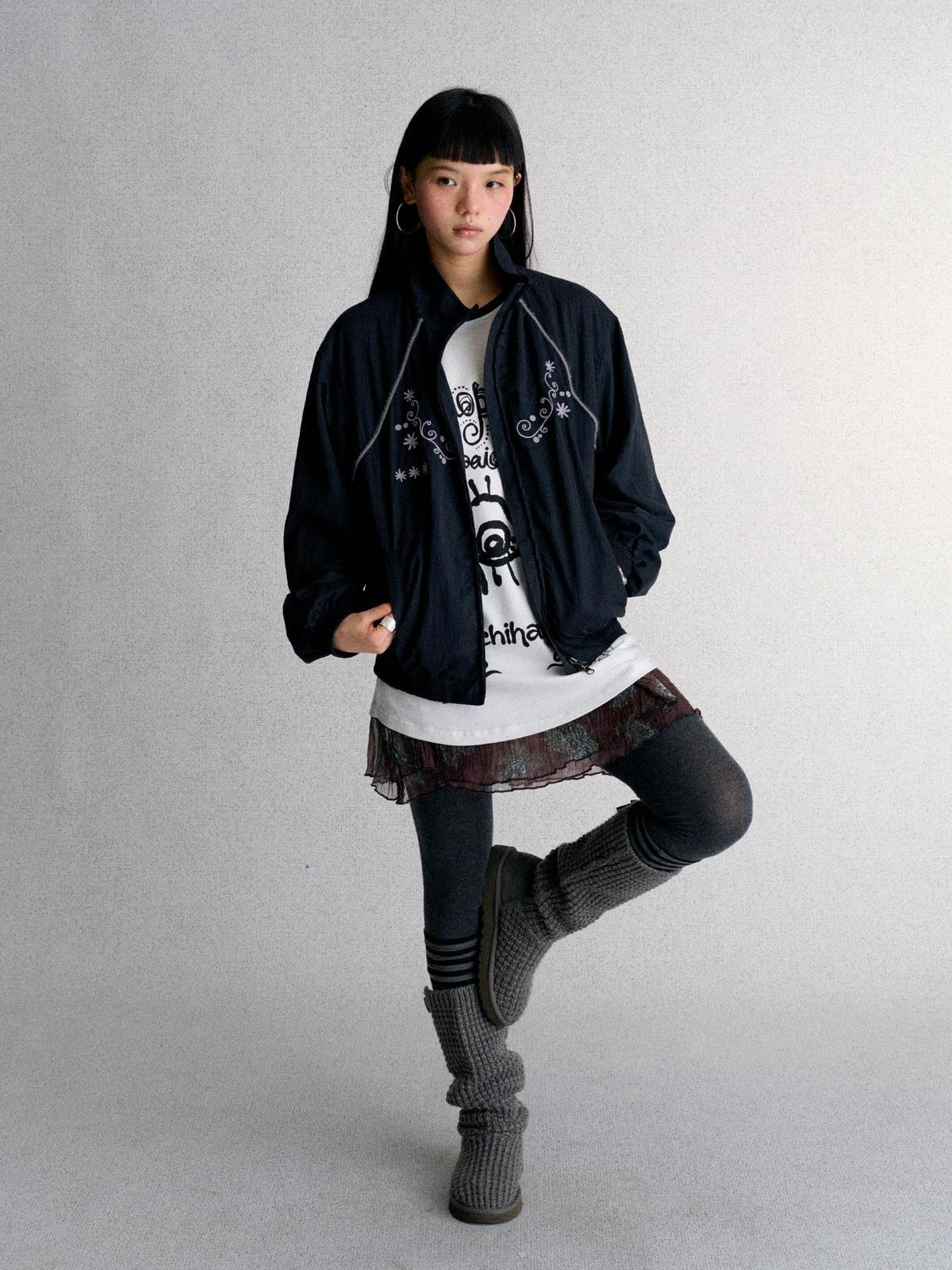 Embroidered Cropped Stand Collar Zip Up Women's Polyester Windbreakers