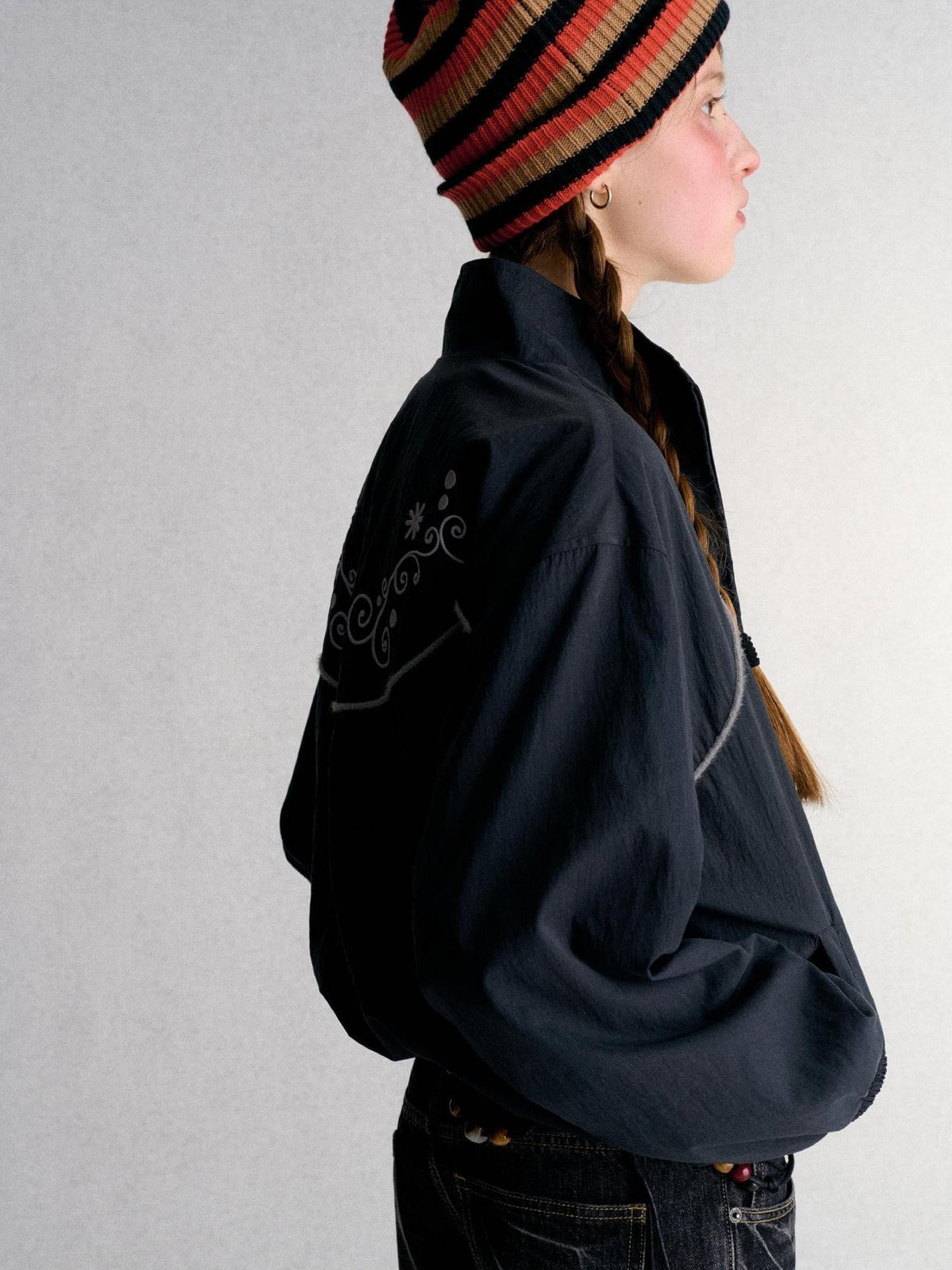 Embroidered Cropped Stand Collar Zip Up Women's Polyester Windbreakers