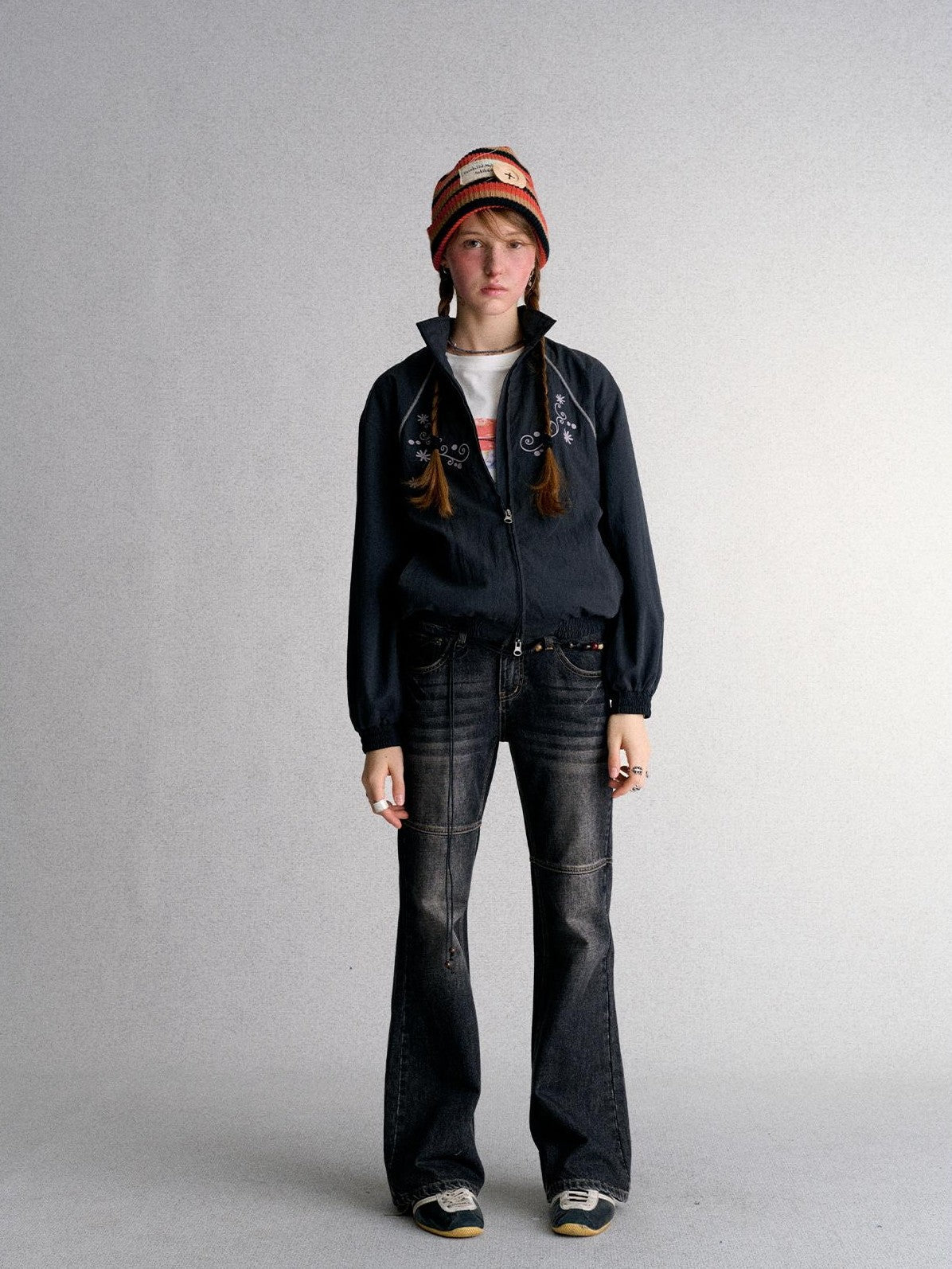 Embroidered Cropped Stand Collar Zip Up Women's Polyester Windbreakers