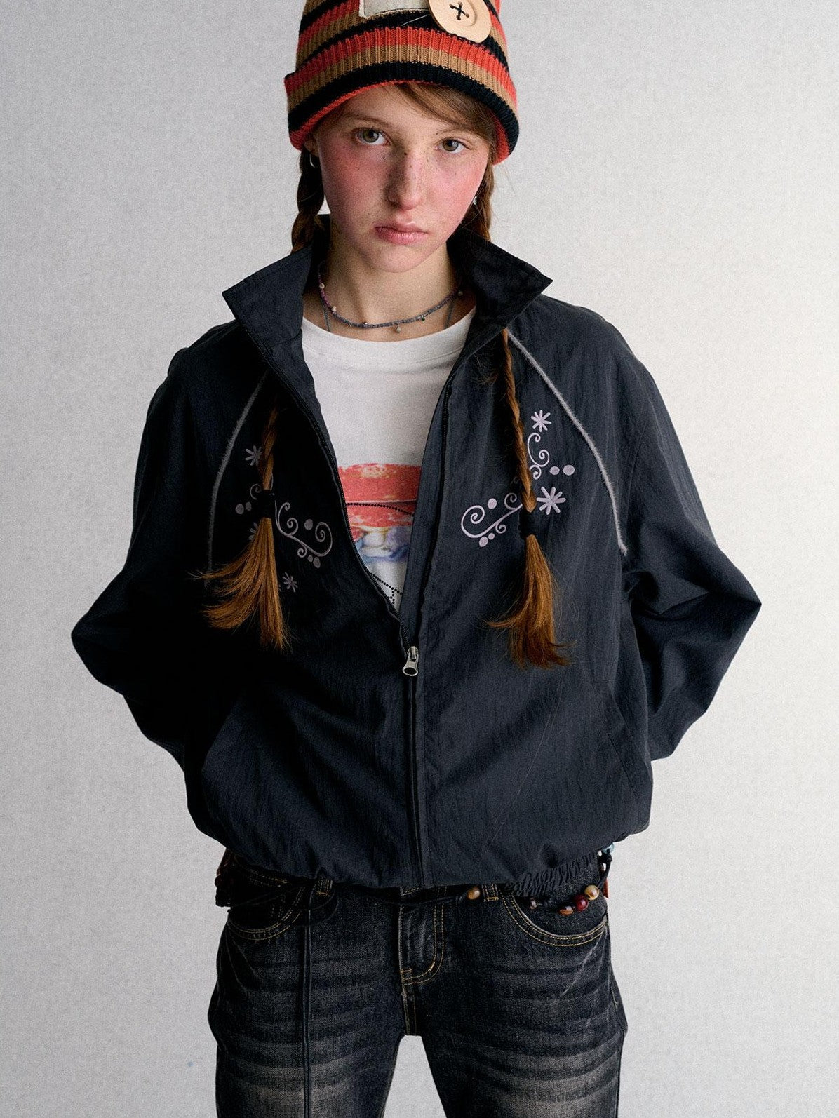 Embroidered Cropped Stand Collar Zip Up Women's Polyester Windbreakers