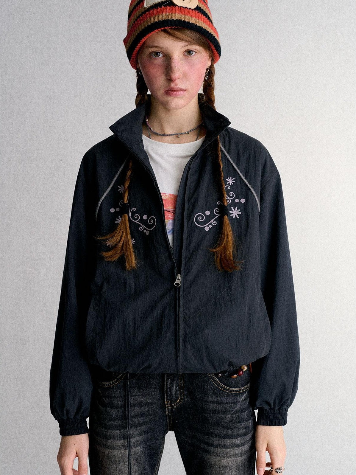 Embroidered Cropped Stand Collar Zip Up Women's Polyester Windbreakers
