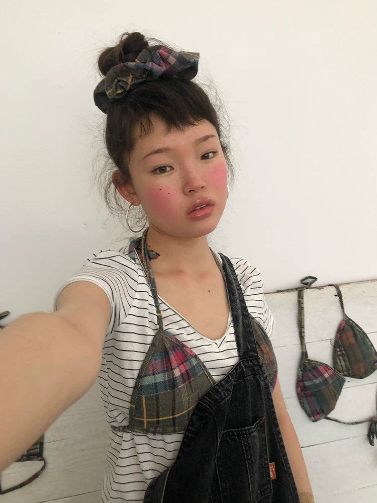 Floral Check Plaid Print Grid Pattern Women'S Elastic Hair Ties