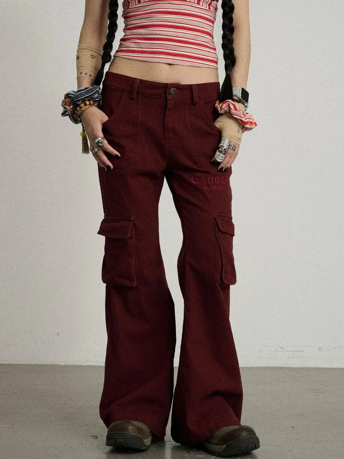 Gothic Pigeon Low Rise Flare Cargo Pants