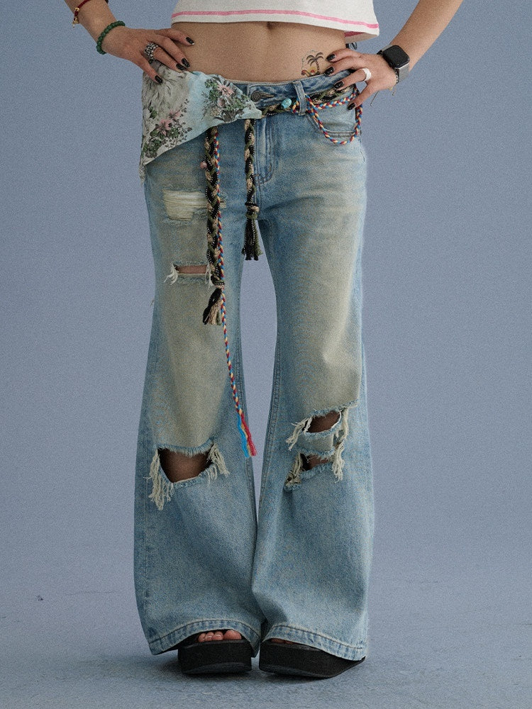 Low Rise Ripped Washed Blue Wide Leg Teen Girls Stretch Denim Straight Jeans