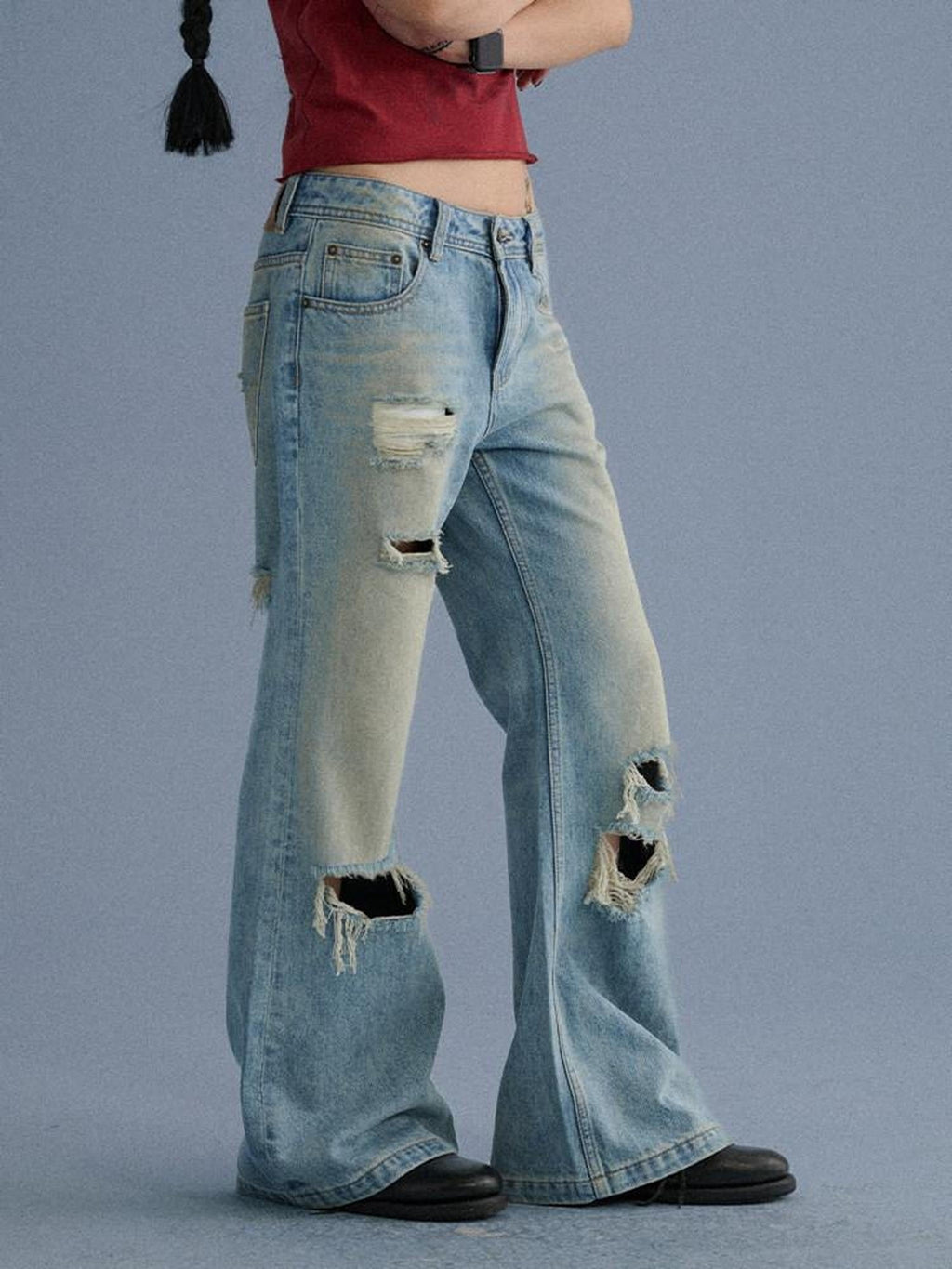 Low Rise Ripped Washed Blue Wide Leg Teen Girls Stretch Denim Straight Jeans