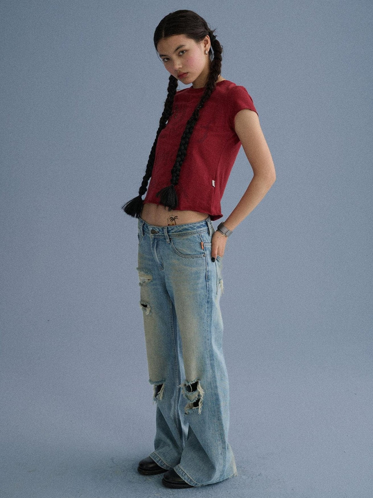Low Rise Ripped Washed Blue Wide Leg Teen Girls Stretch Denim Straight Jeans