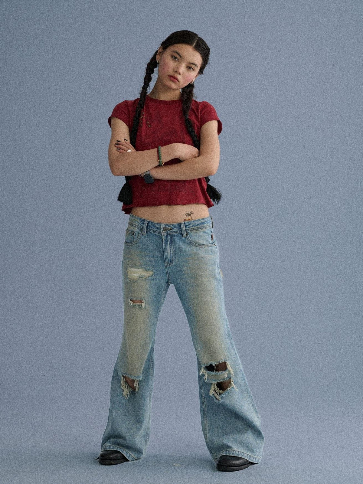 Low Rise Ripped Washed Blue Wide Leg Teen Girls Stretch Denim Straight Jeans