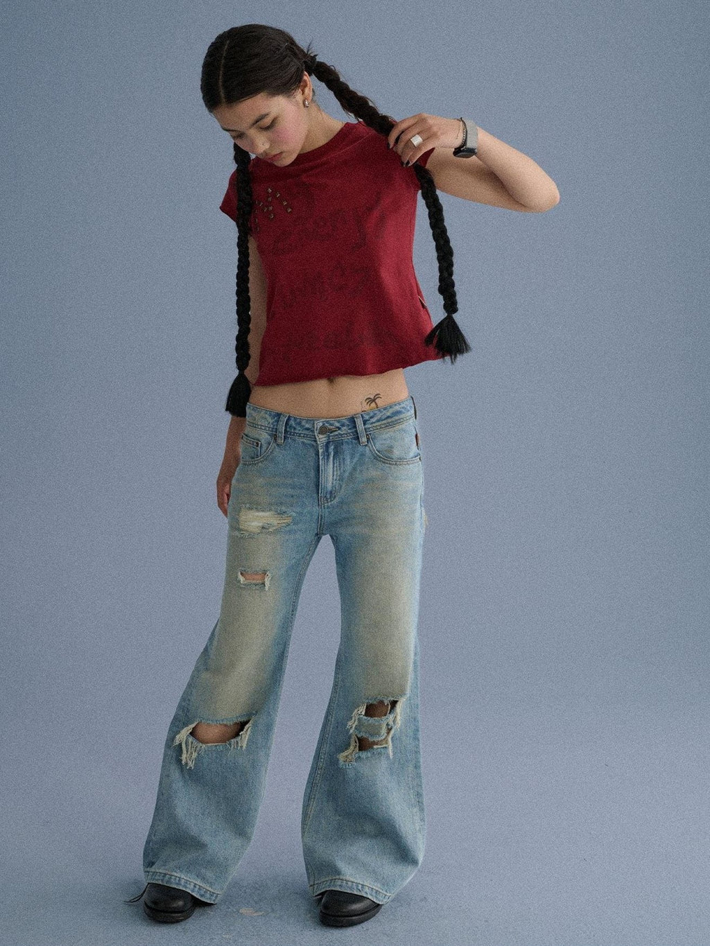 Low Rise Ripped Washed Blue Wide Leg Teen Girls Stretch Denim Straight Jeans