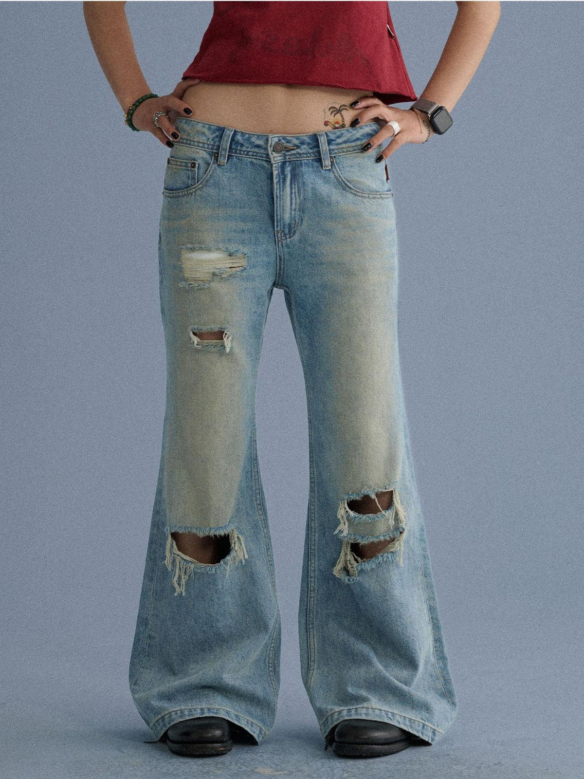 Low Rise Ripped Washed Blue Wide Leg Teen Girls Stretch Denim Straight Jeans