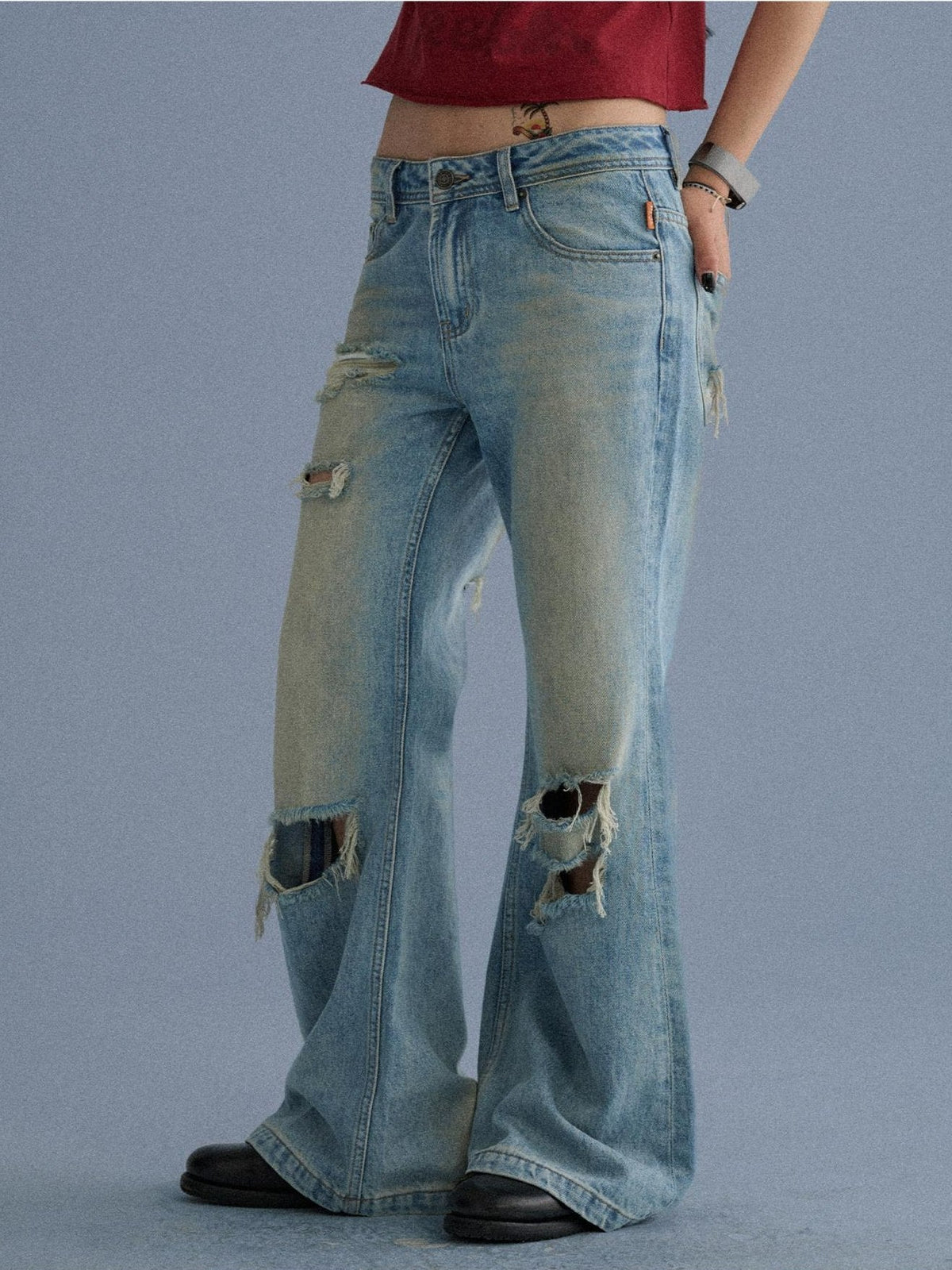 Low Rise Ripped Washed Blue Wide Leg Teen Girls Stretch Denim Straight Jeans