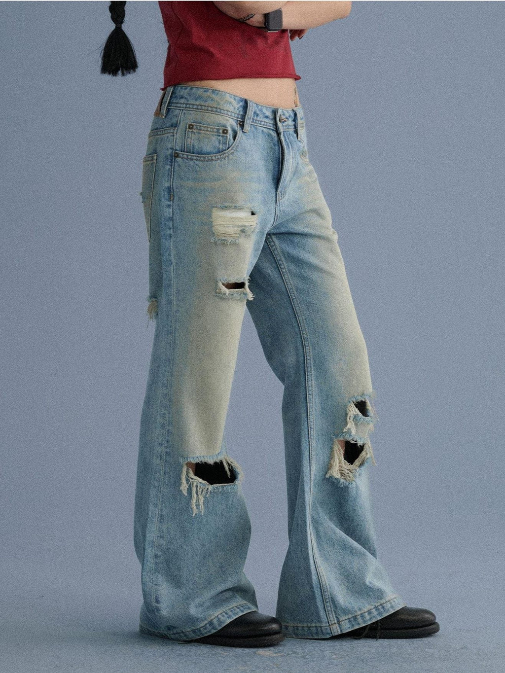Low Rise Ripped Washed Blue Wide Leg Teen Girls Stretch Denim Straight Jeans