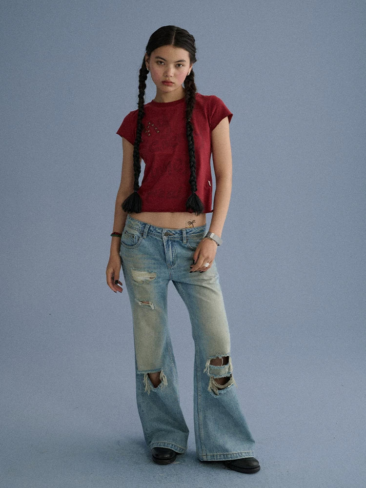 Low Rise Ripped Washed Blue Wide Leg Teen Girls Stretch Denim Straight Jeans