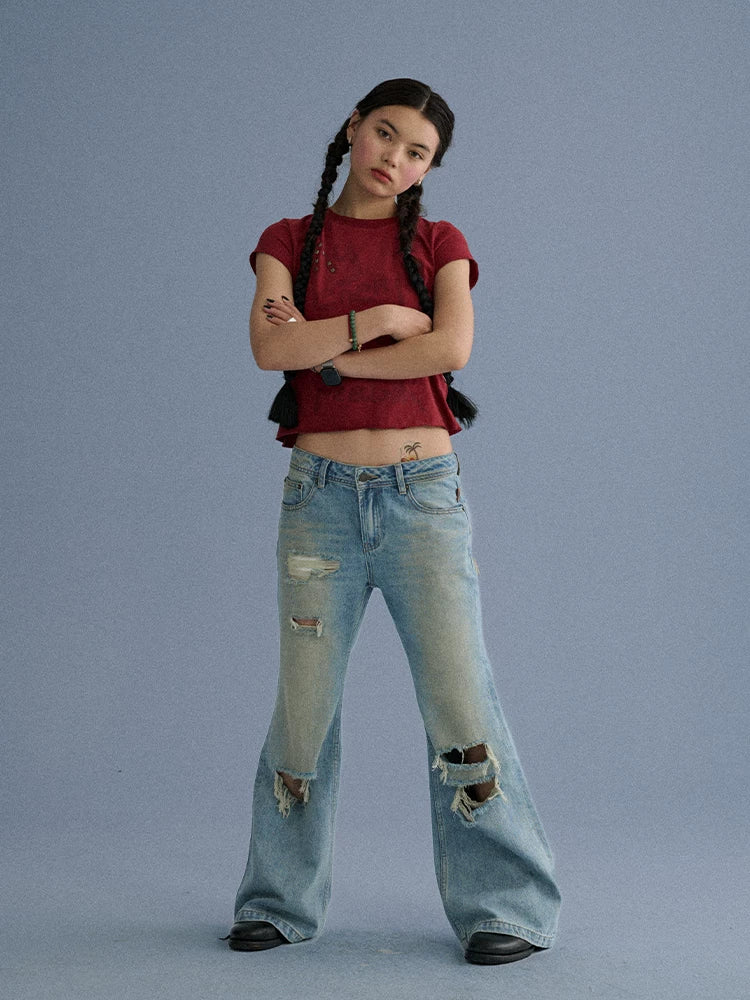Low Rise Ripped Washed Blue Wide Leg Teen Girls Stretch Denim Straight Jeans