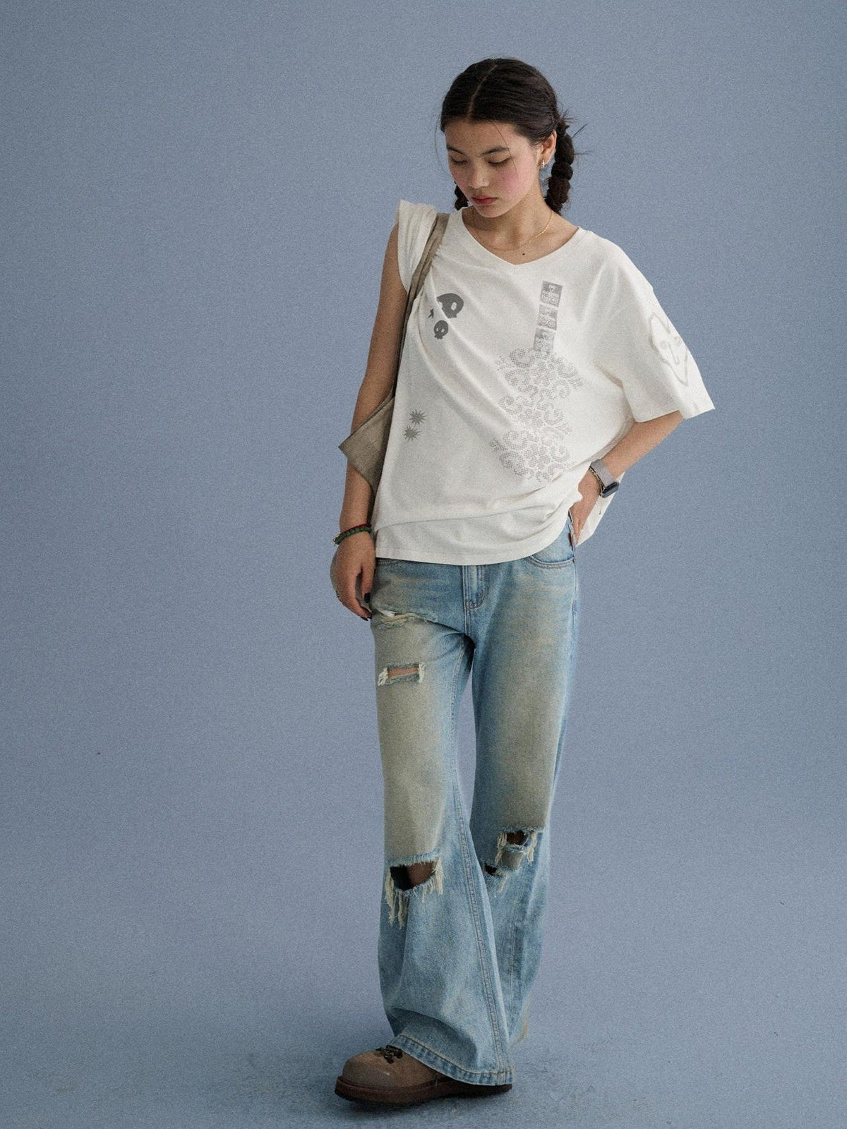 Low Rise Ripped Washed Blue Wide Leg Teen Girls Stretch Denim Straight Jeans