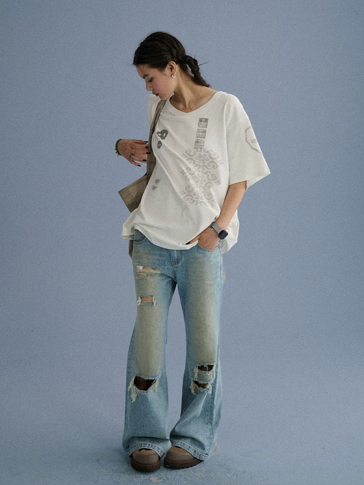 Low Rise Ripped Washed Blue Wide Leg Teen Girls Stretch Denim Straight Jeans