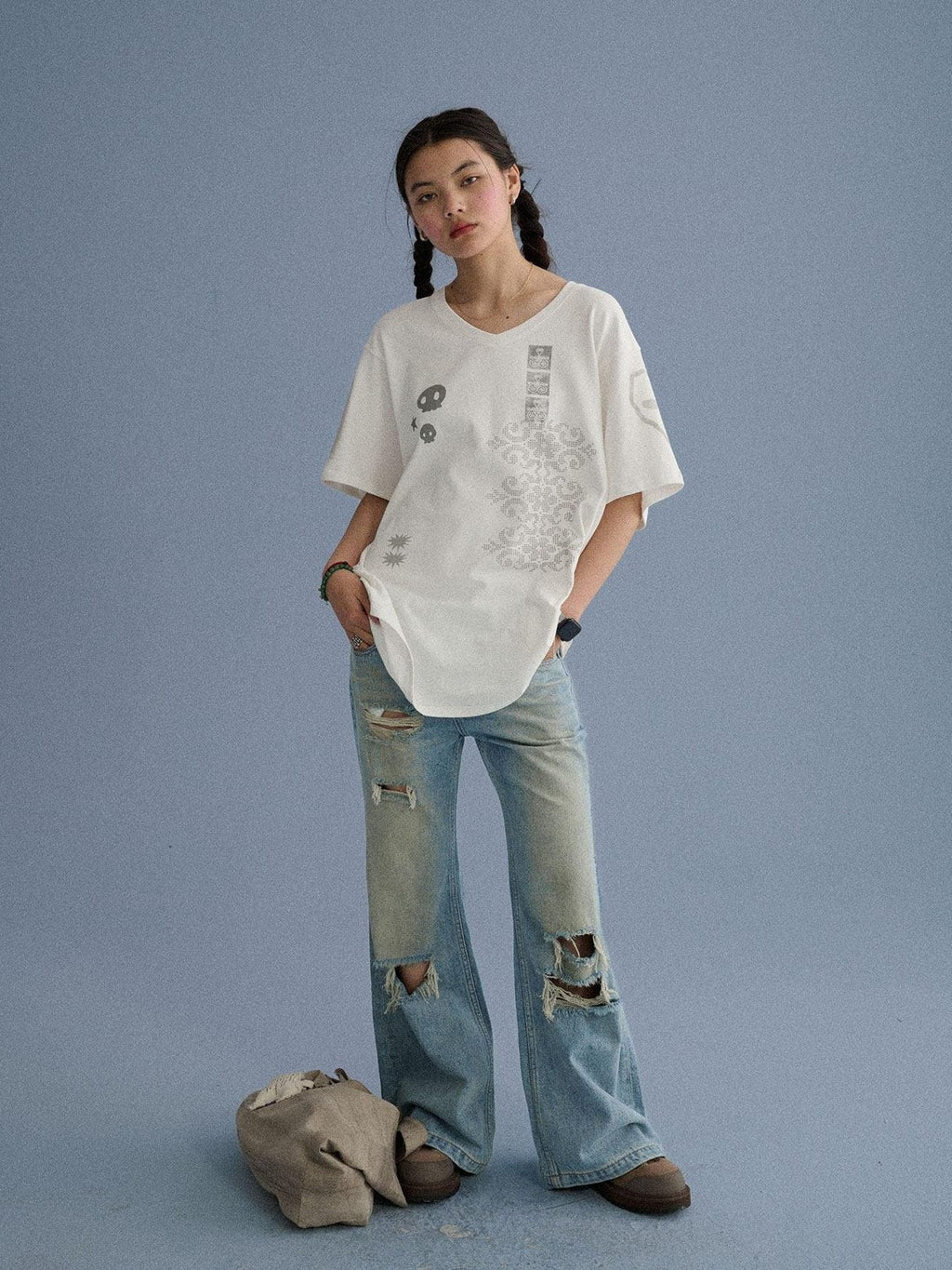 Low Rise Ripped Washed Blue Wide Leg Teen Girls Stretch Denim Straight Jeans