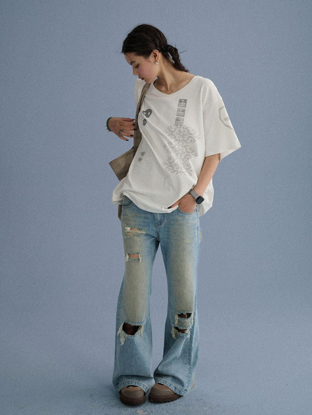 Low Rise Ripped Washed Blue Wide Leg Teen Girls Stretch Denim Straight Jeans